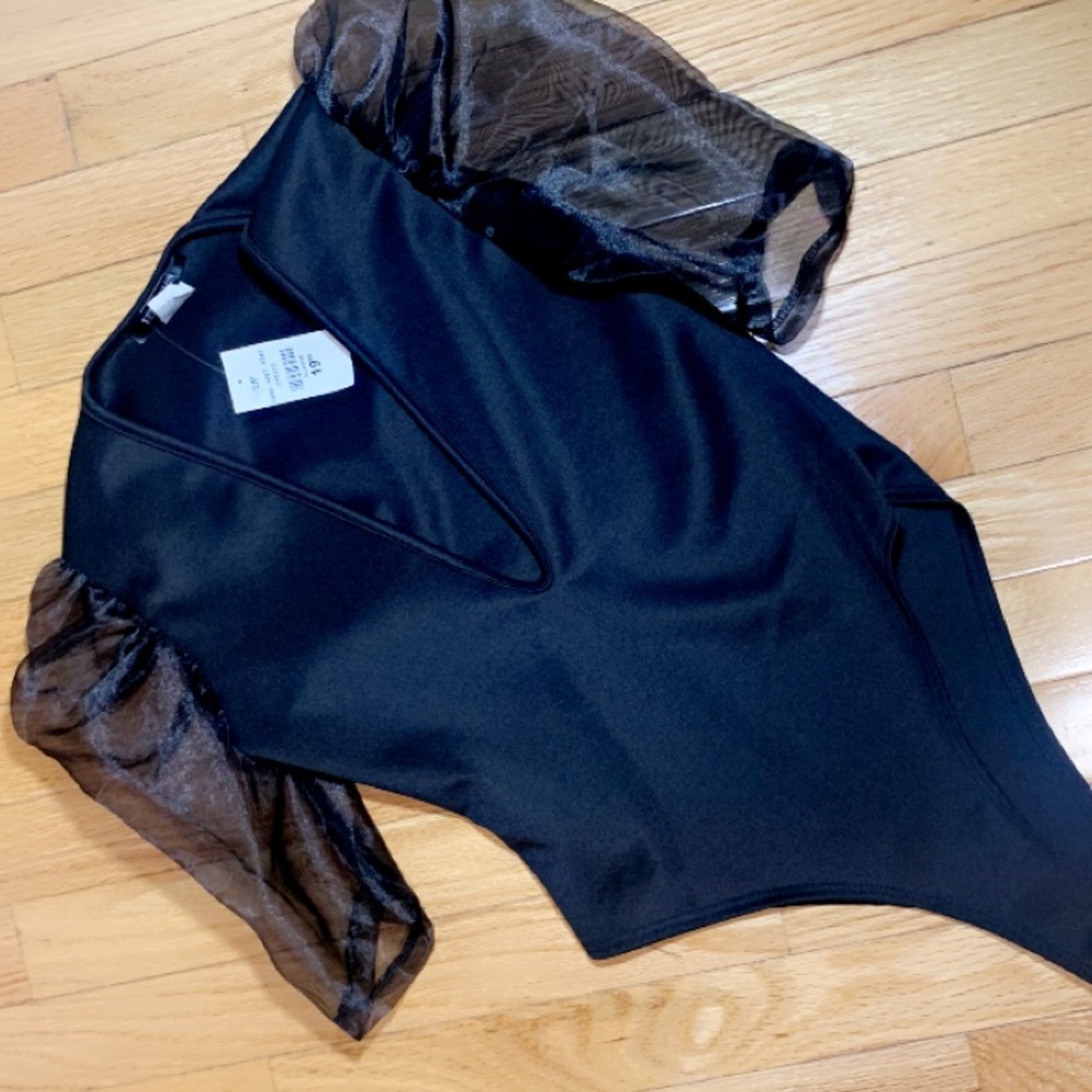 Mesh Puff Sleeve Bodysuit (plunge neckline)